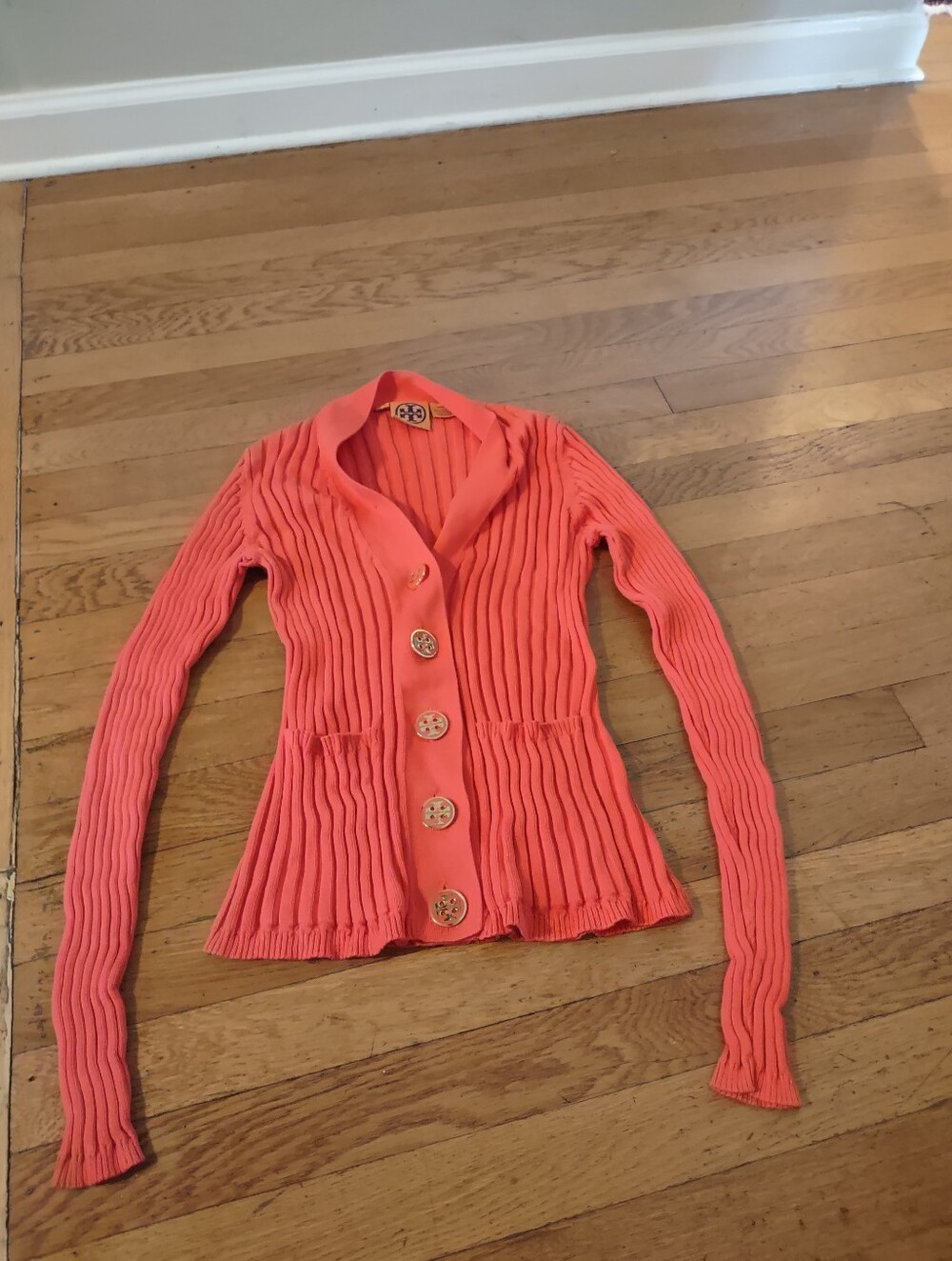 Tory Burch coral orange ribbed cardigan with logo buttons size XS 100% cotton